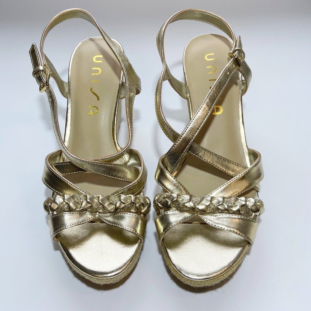 Unisa gold strappy sandal with rope wedge, size 7